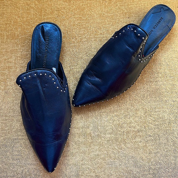 Rebecca Minkoff Chamille Studded Black Leather pointed Toe Slides Mules. 6.5 - Picture 2 of 7
